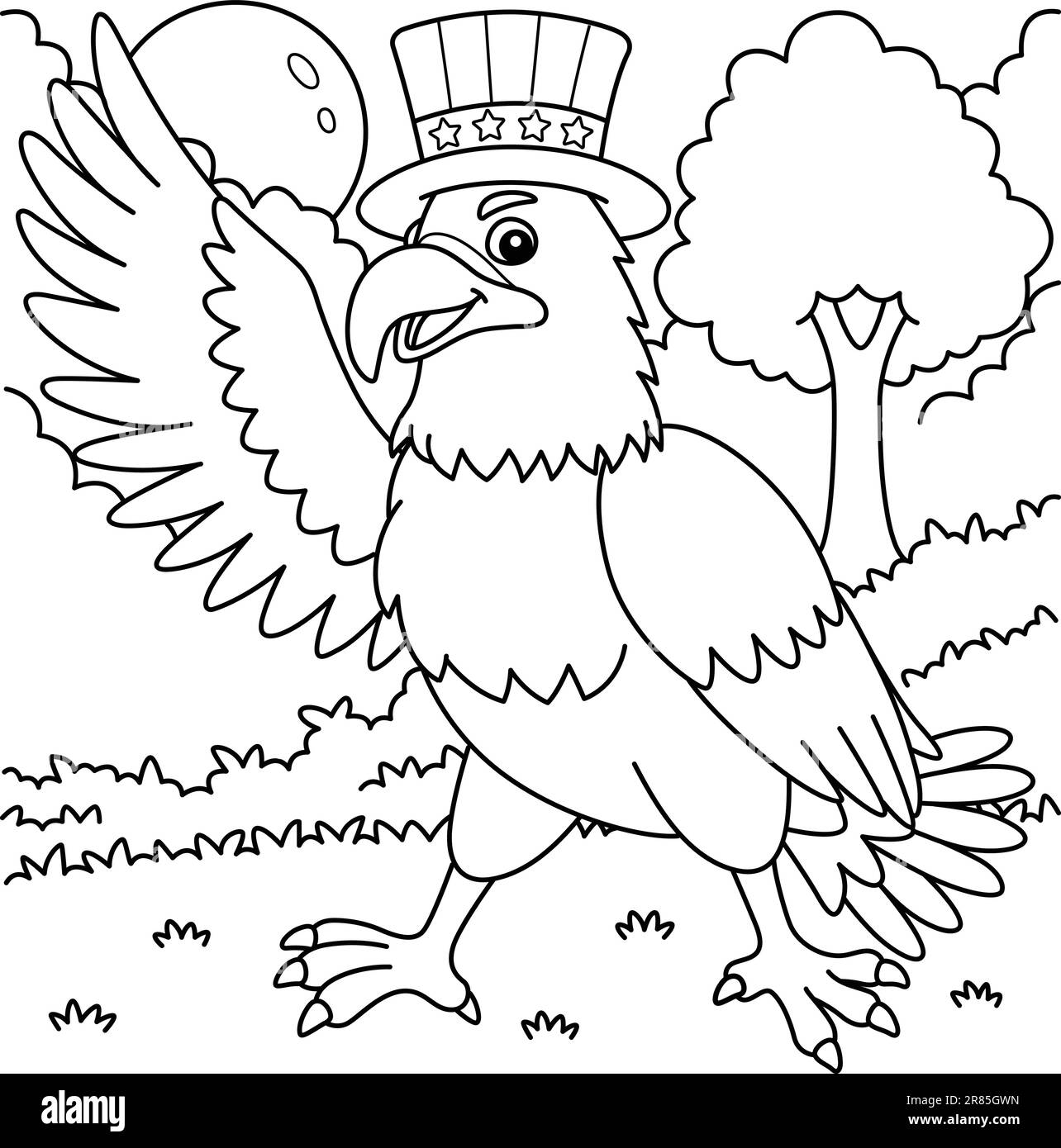 A cute and funny coloring page of a .4th of July Eagle Wearing an