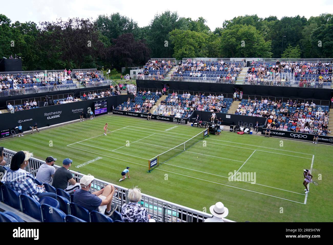 A general view of play as Venus Williams and Camila Giorgi can be seen during the Women’s Singles Qualifying match on day one of the Rothesay Classic Birmingham at Edgbaston Priory Club. Picture date: Monday June 19, 2023. Stock Photo