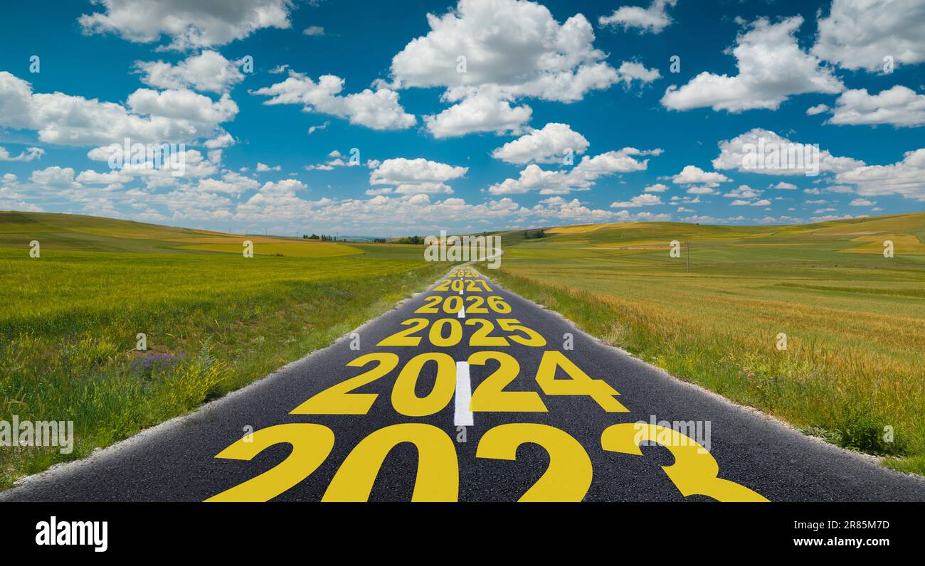 The word 2024 to 2029 written on road in the middle of empty