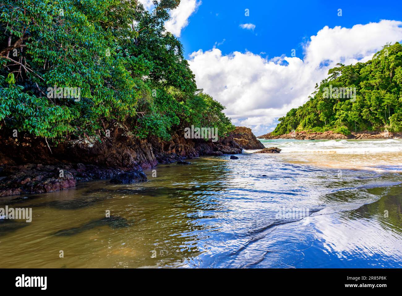 Paradisiacal and preserved beach in Itacare in Bahia between the tropical forest and the rocks Stock Photo
