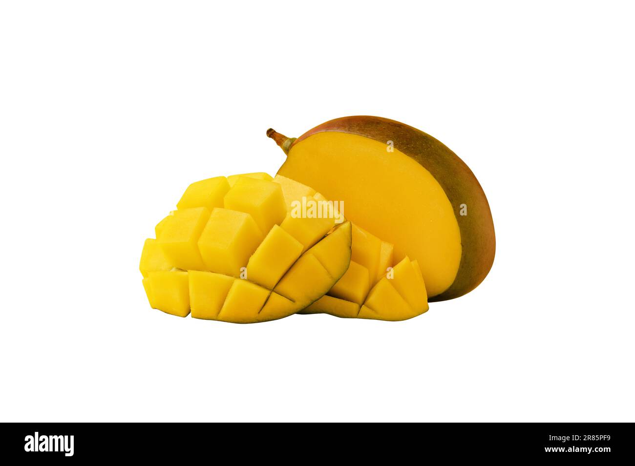 mango fruit with mango sliced cubes isolated on white background Stock Photo