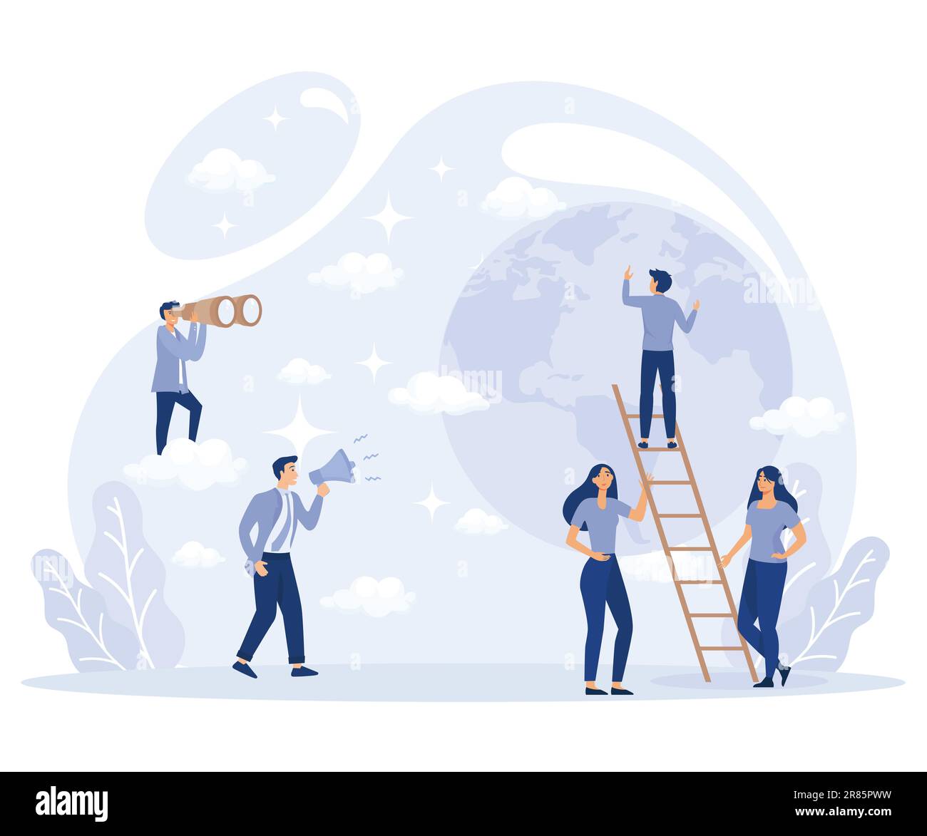 Man Climbing on Ladder, Taking Clouds away from World Globe, Getting to Top, Having Ambition, Career Growth, flat vector modern illustration Stock Vector