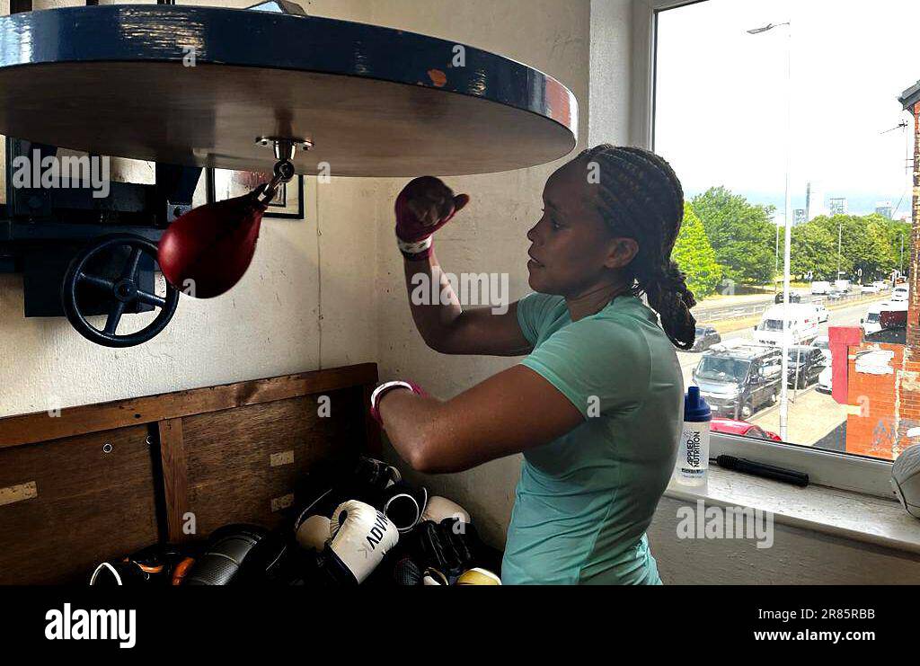 Boxer Natasha Jonas during a training session in Manchester. Three-belt world super-welterweight champion Natasha Jonas is to take on Canada’s Kandi Wyatt for the IBF welterweight title, promoters Boxxer have announced. Picture date: Monday June 19, 2023. Stock Photo