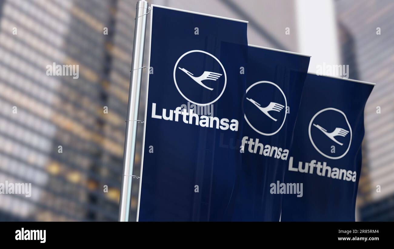 Cologne, Germany, June 2023 Three vertical banners with the Lufthansa logo fluttering in the
