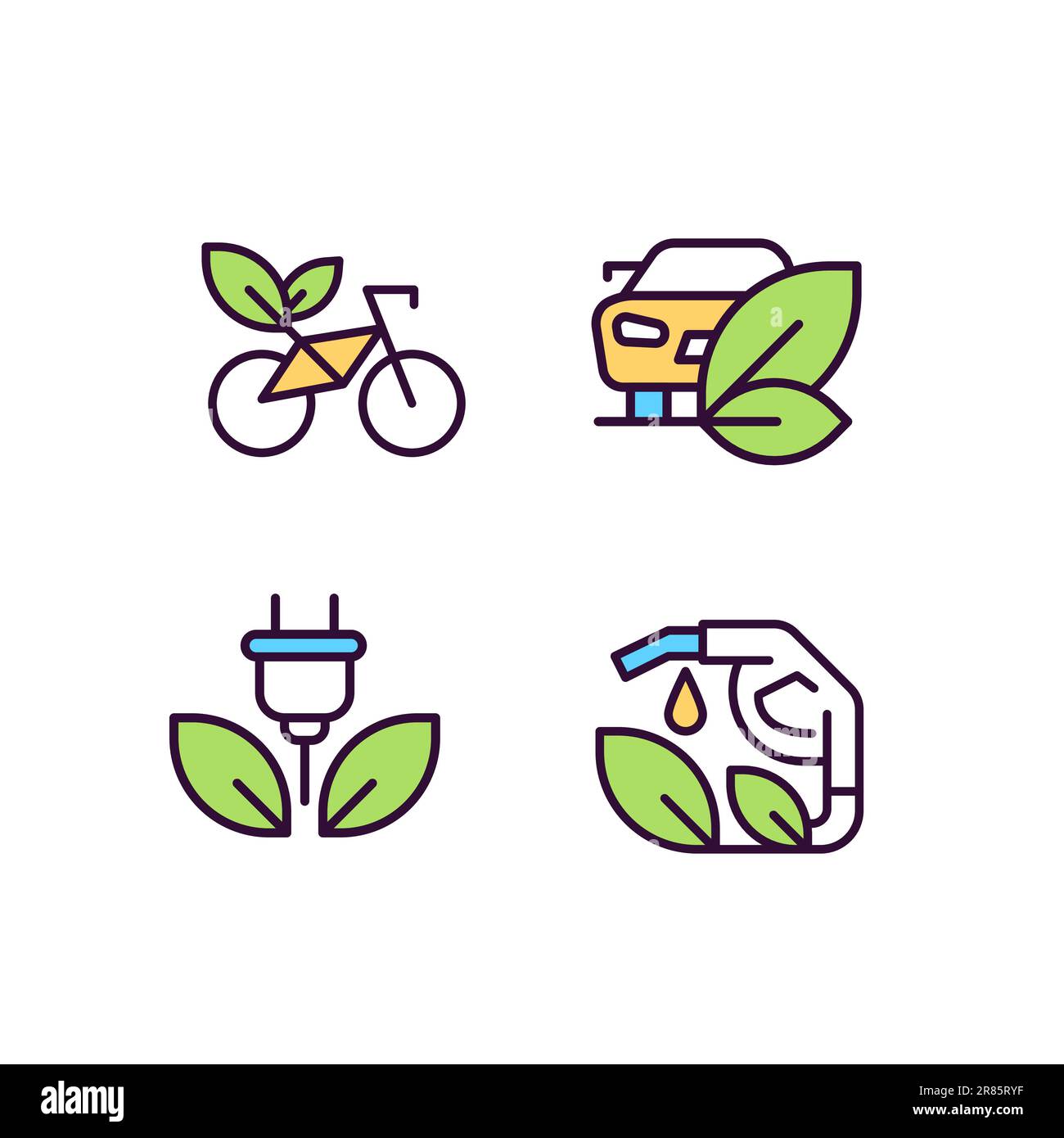 Eco friendly vehicle pixel perfect RGB color icons set Stock Vector