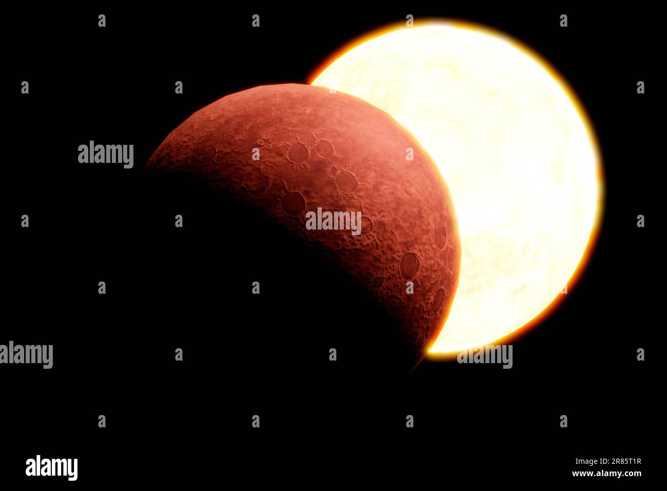 Phenomenon partial solar eclipse moment between star sun and planet earth moon at center Stock Photo