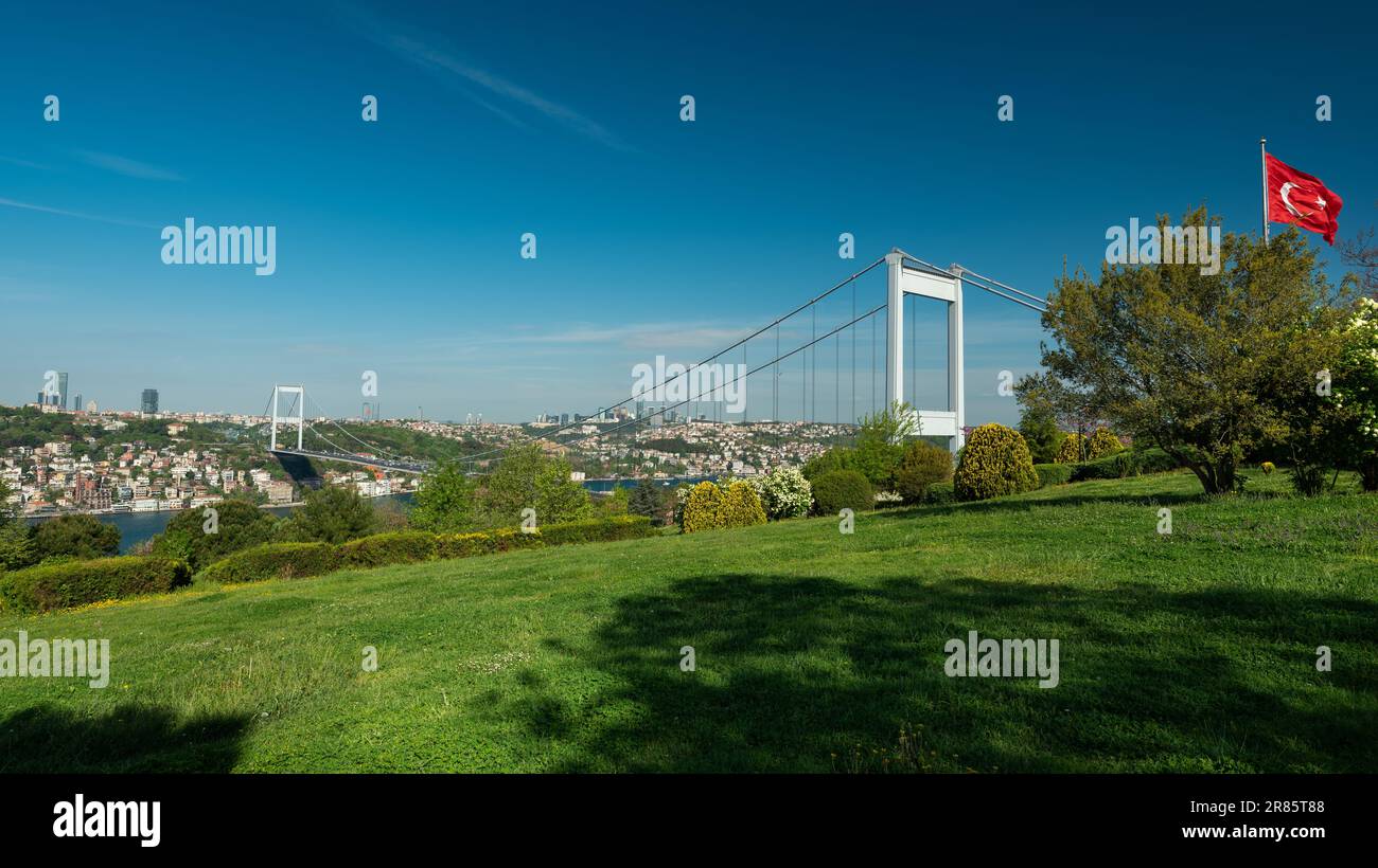 Panoramic Istanbul city view. View of Fatih Sultan Mehmet Bridge from Otagtepe park. Turkey Stock Photo