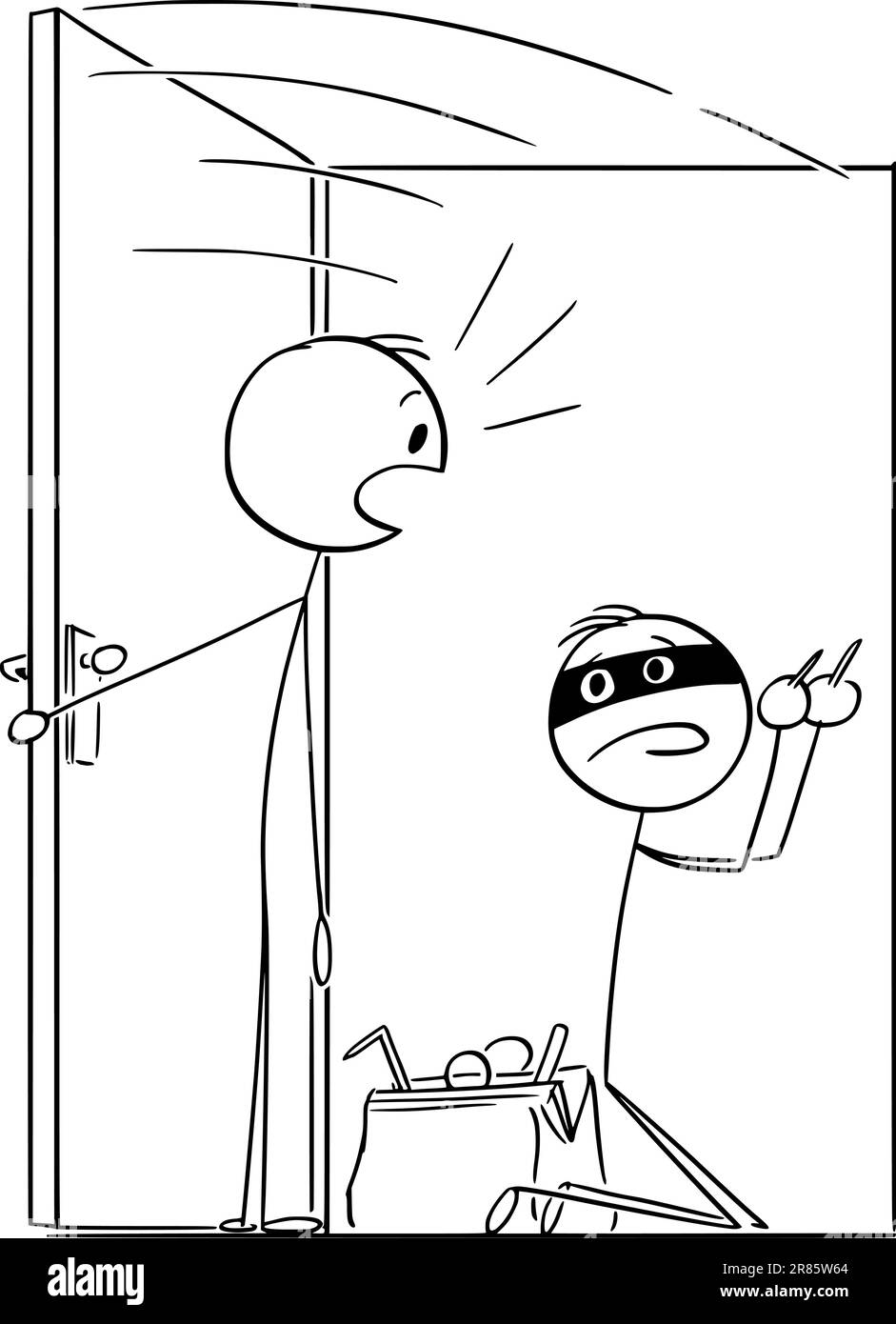 Person catch thief or burglar trying to open door, vector cartoon stick