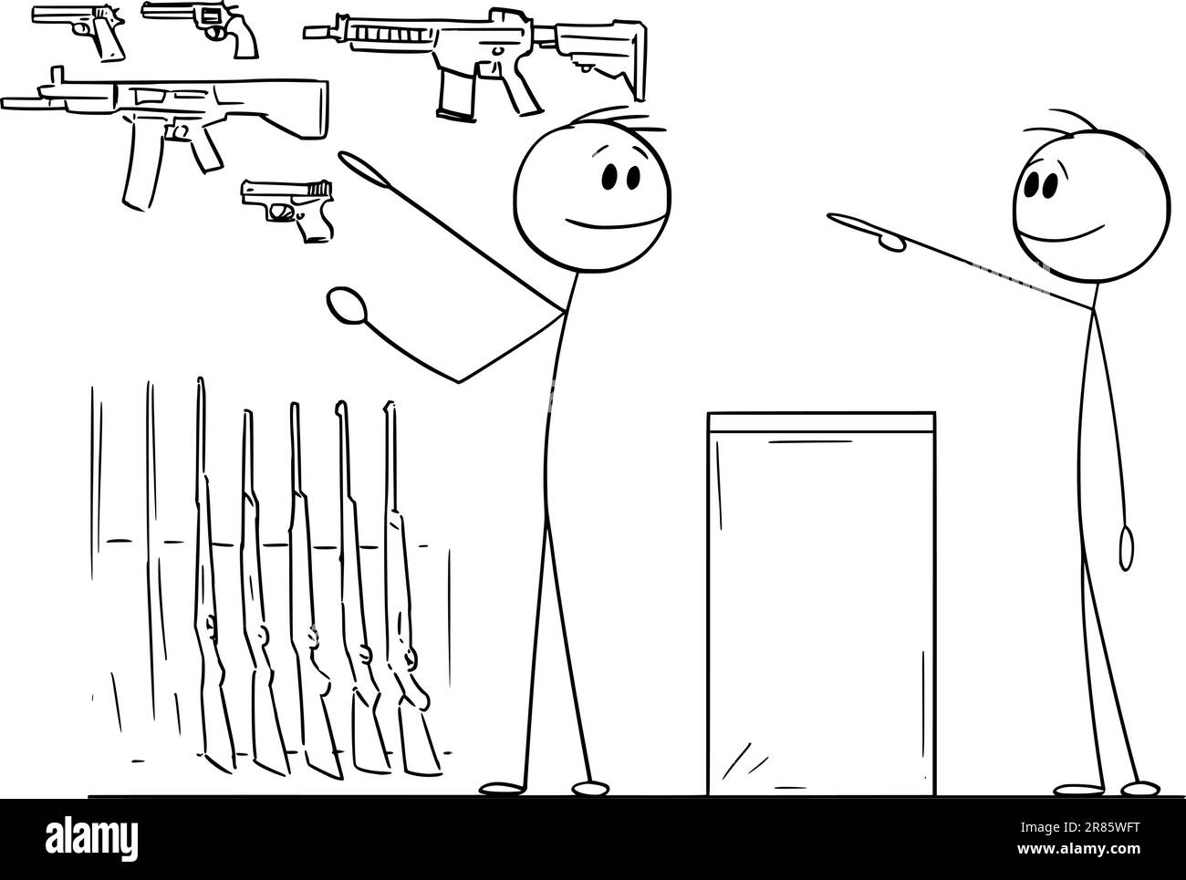 Person in gun shop buying pistol or rifle, vector cartoon stick figure