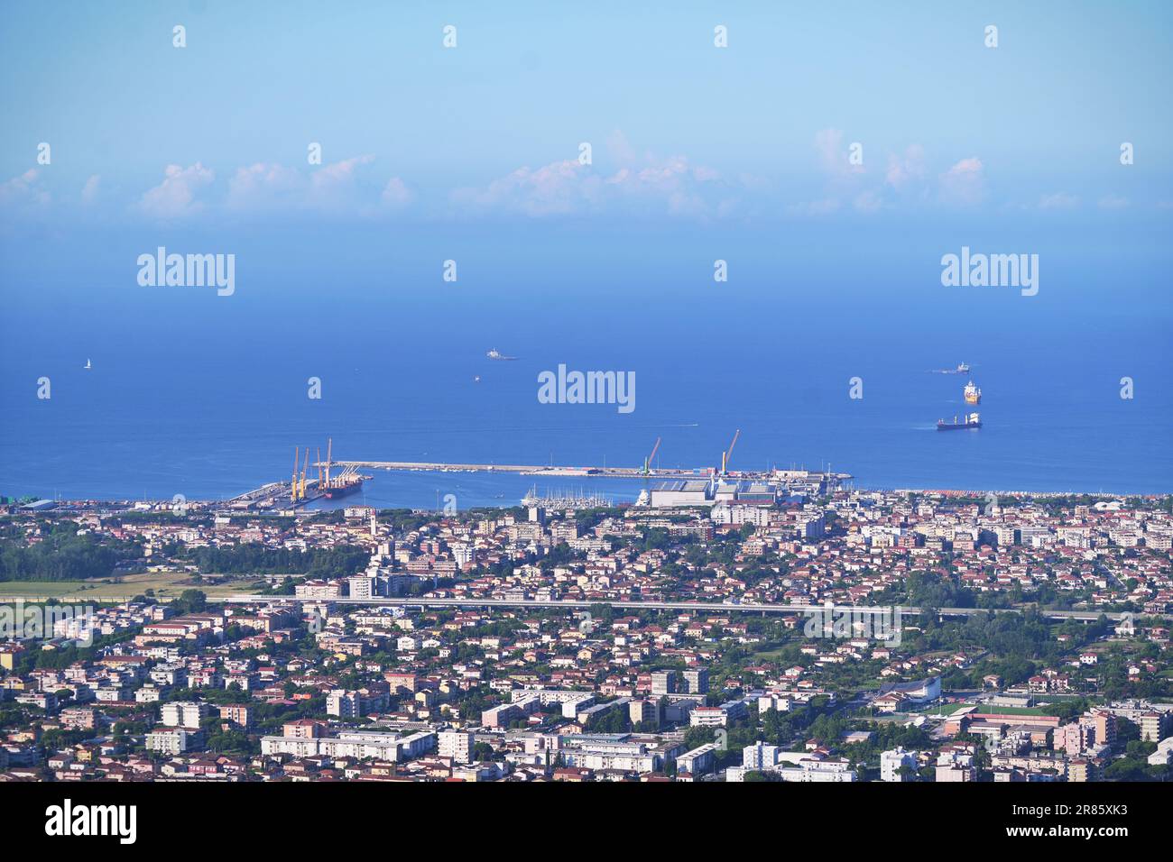 Marina di Carrara, Italy - June 11 2023: aerial view of the port in Marina di Carrara Stock Photo