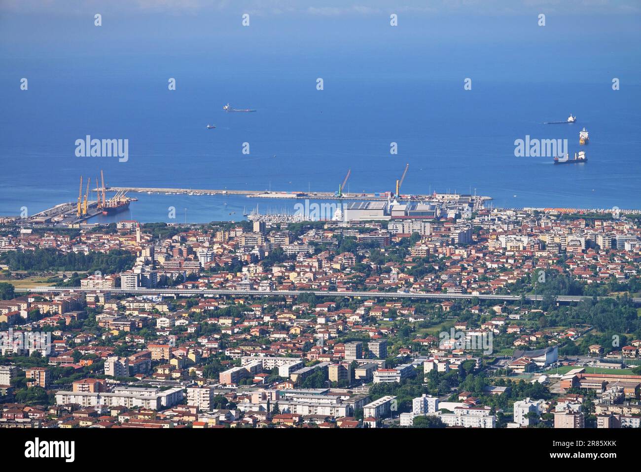 Marina di Carrara, Italy - June 11 2023: aerial view of the port in Marina di Carrara Stock Photo