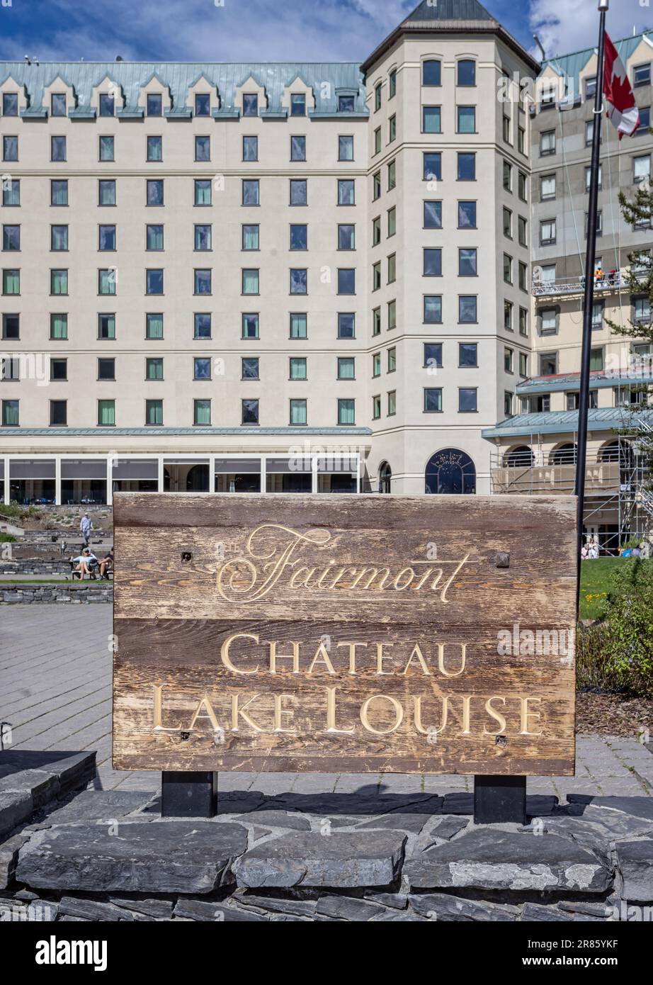Fairmont Chateau Lake Louise sign in front of hotel at Lake Louise, Banff National Park, Alberta, Canada on 5 June 2023 Stock Photo