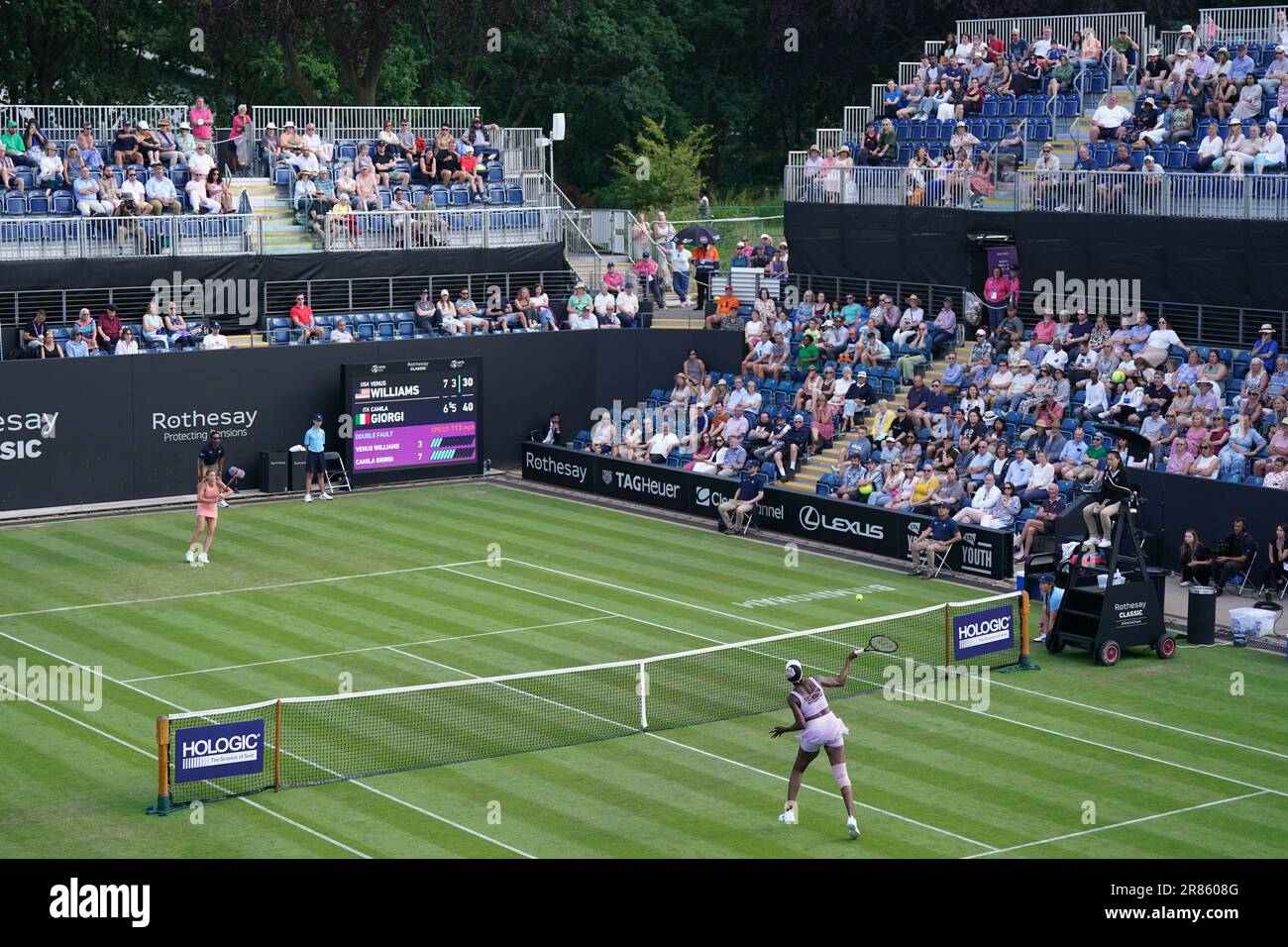 A general view as Venus Williams returns against Camila Giorgi during the Women’s Singles Qualifying match on day one of the Rothesay Classic Birmingham at Edgbaston Priory Club. Picture date: Monday June 19, 2023. Stock Photo