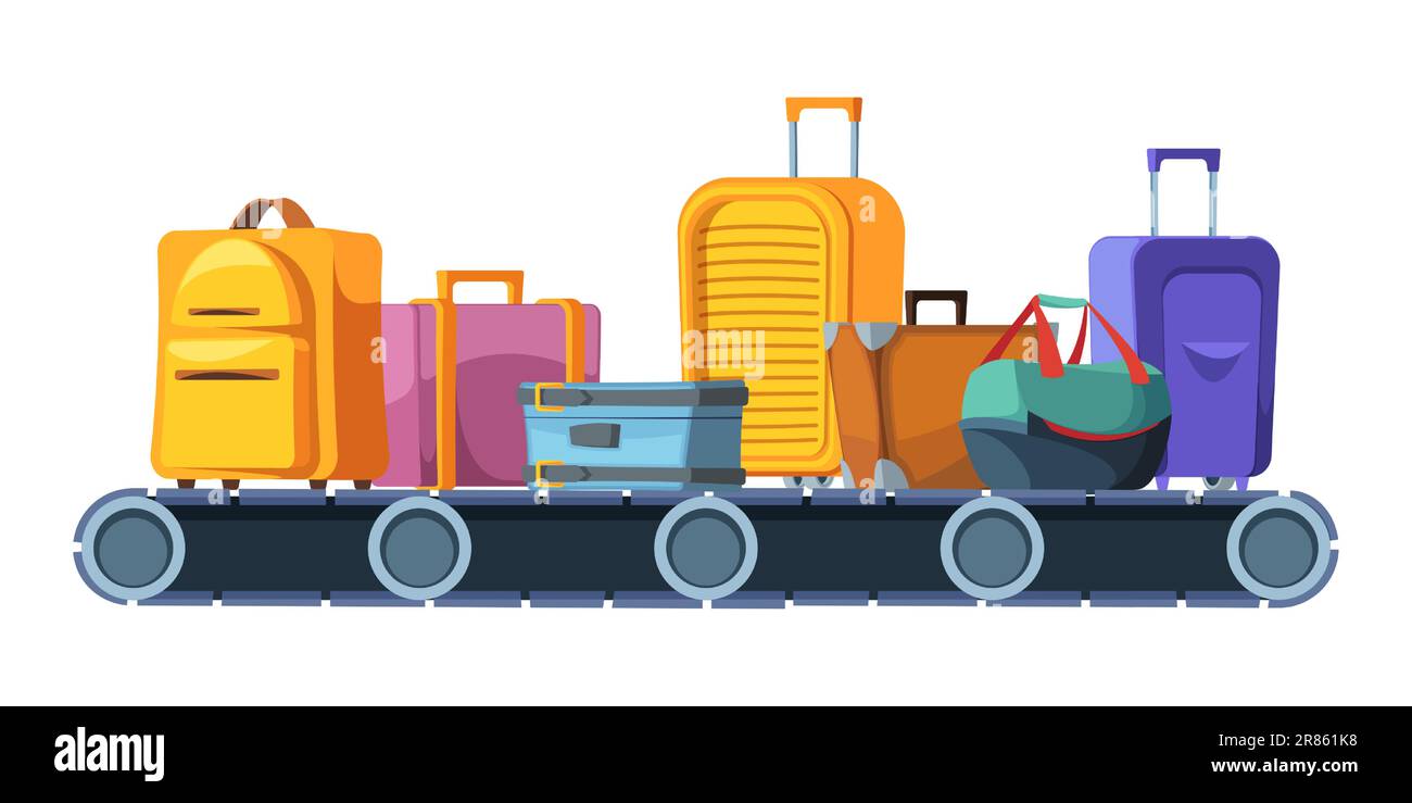 Luggage conveyor. Cartoon belt with suitcases, horizontal airport
