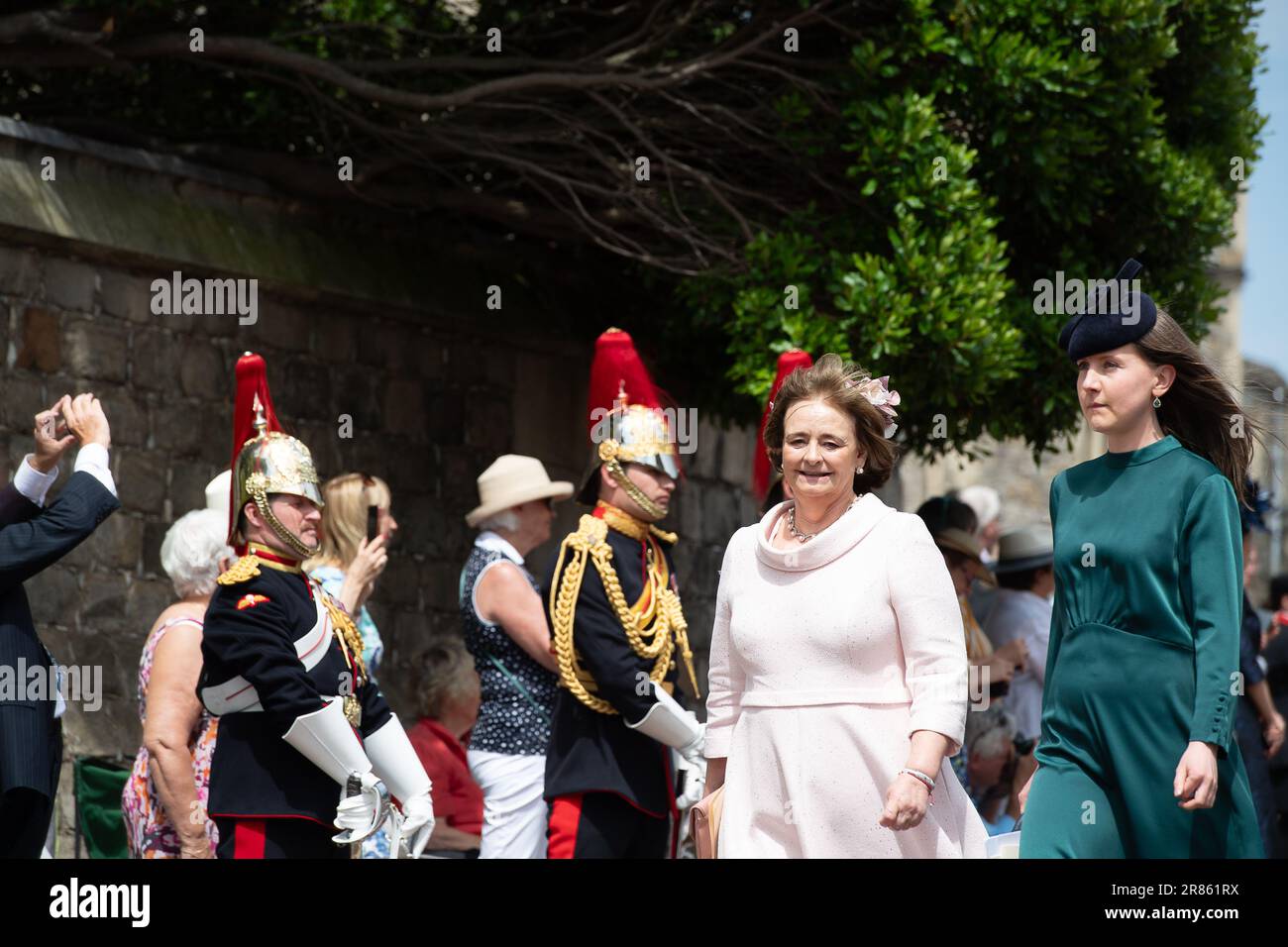 Windsor, Berkshire, UK. 19th June, 2023. Cherie Blair (L), wife of former Prime Minister Tony Blair arriving at the Garter Ceremony at Windsor Castle today. Credit: Maureen McLean/Alamy Live News Stock Photo