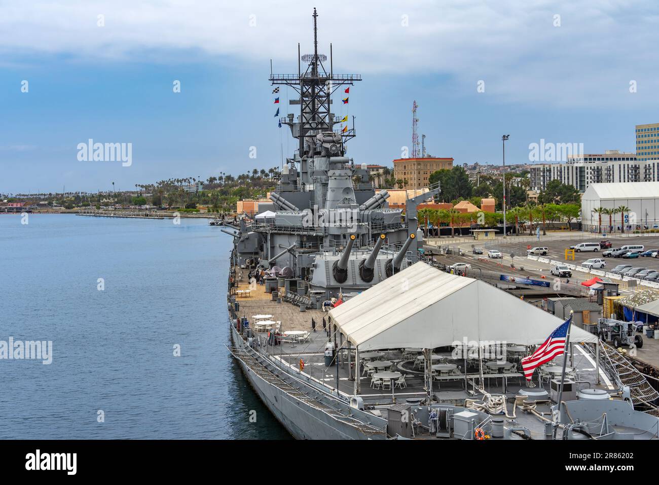 San Pedro, CA, USA – June 2, 2023: USS Iowa battleship docked at the Port of Los Angeles in San Pedro, California. Stock Photo