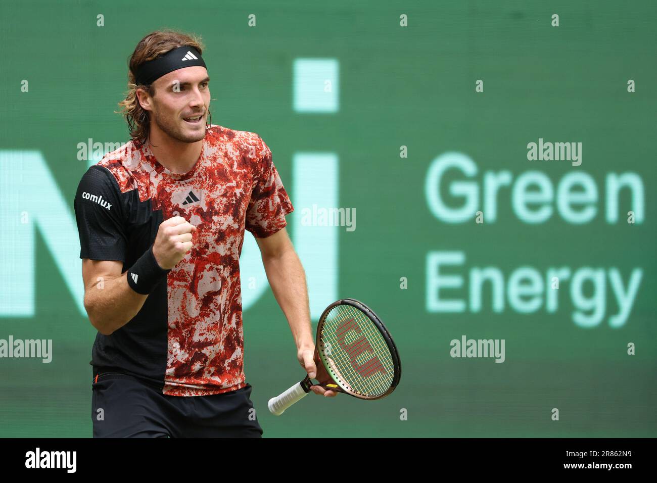 Halle, Germany. 19th June, 2023. Tennis: ATP Tour Singles, Men, 1st round,  Barrere (France) - Tsitsipas (Greece). Stefanos Tsitsipas clenches his  fist. Credit: Friso Gentsch/dpa/Alamy Live News Stock Photo - Alamy
