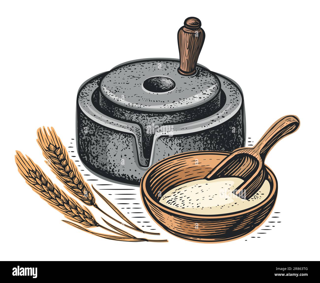 Wheat, bowl of grain and millstone, vector illustration. Flour production. Hand mill, stone tool for grinding grain Stock Vector