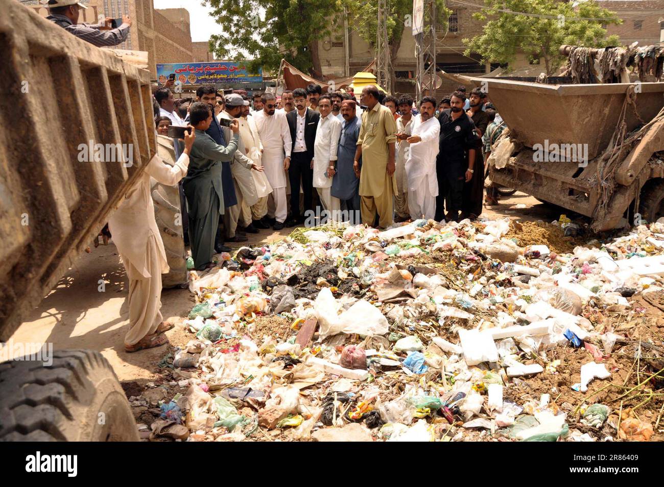 Newly Elected Mayor, Kashif Ali Shoro inspecting the sewerage drains during his visit to different areas of Hyderabad on Monday, June 19, 2023. Stock Photo