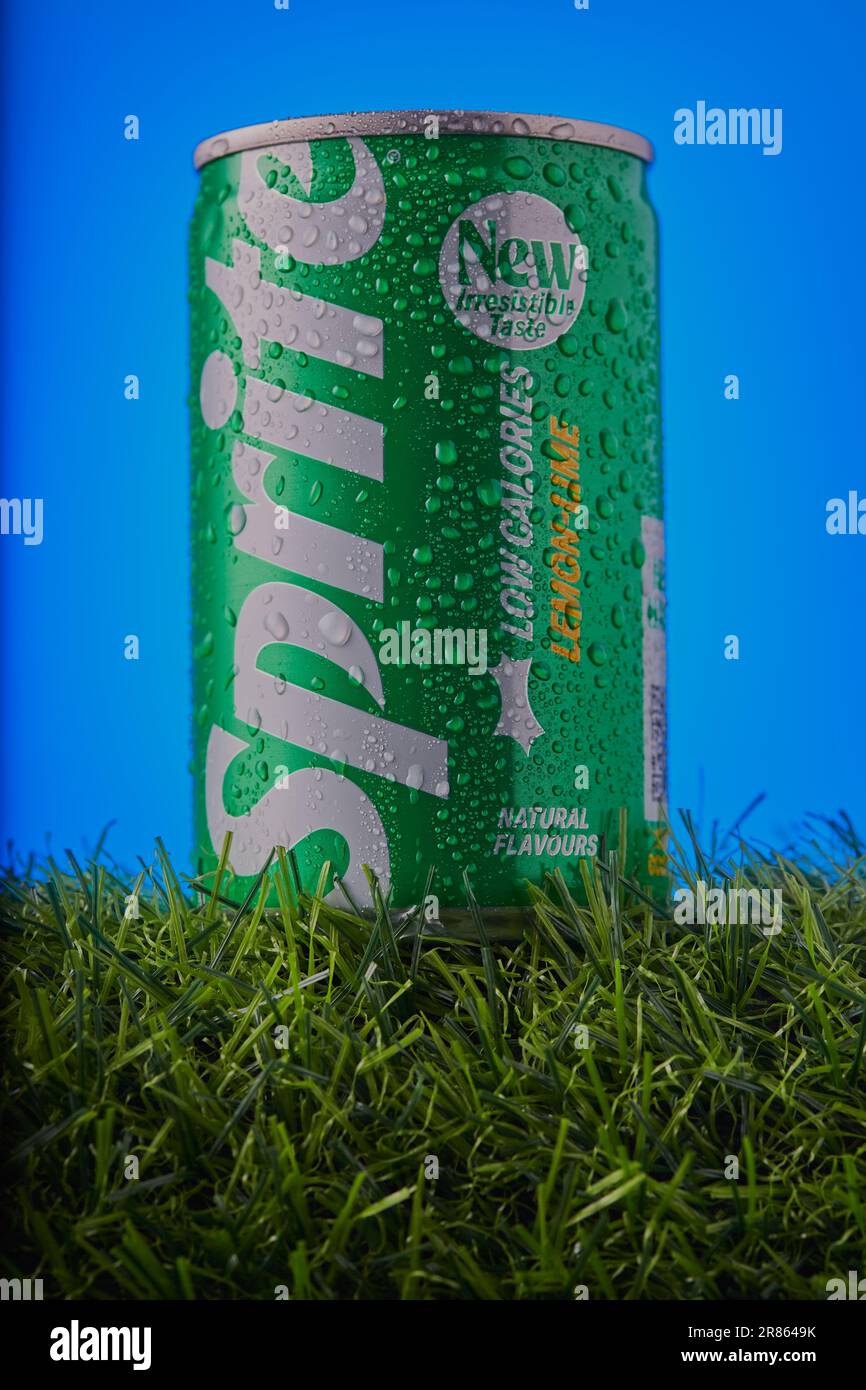 Mansfield,Nottingham,United Kingdom,17th June 2023:Studio product image of a can of Sprite drink, Sprite is produced by The Coca-Cola company. Stock Photo