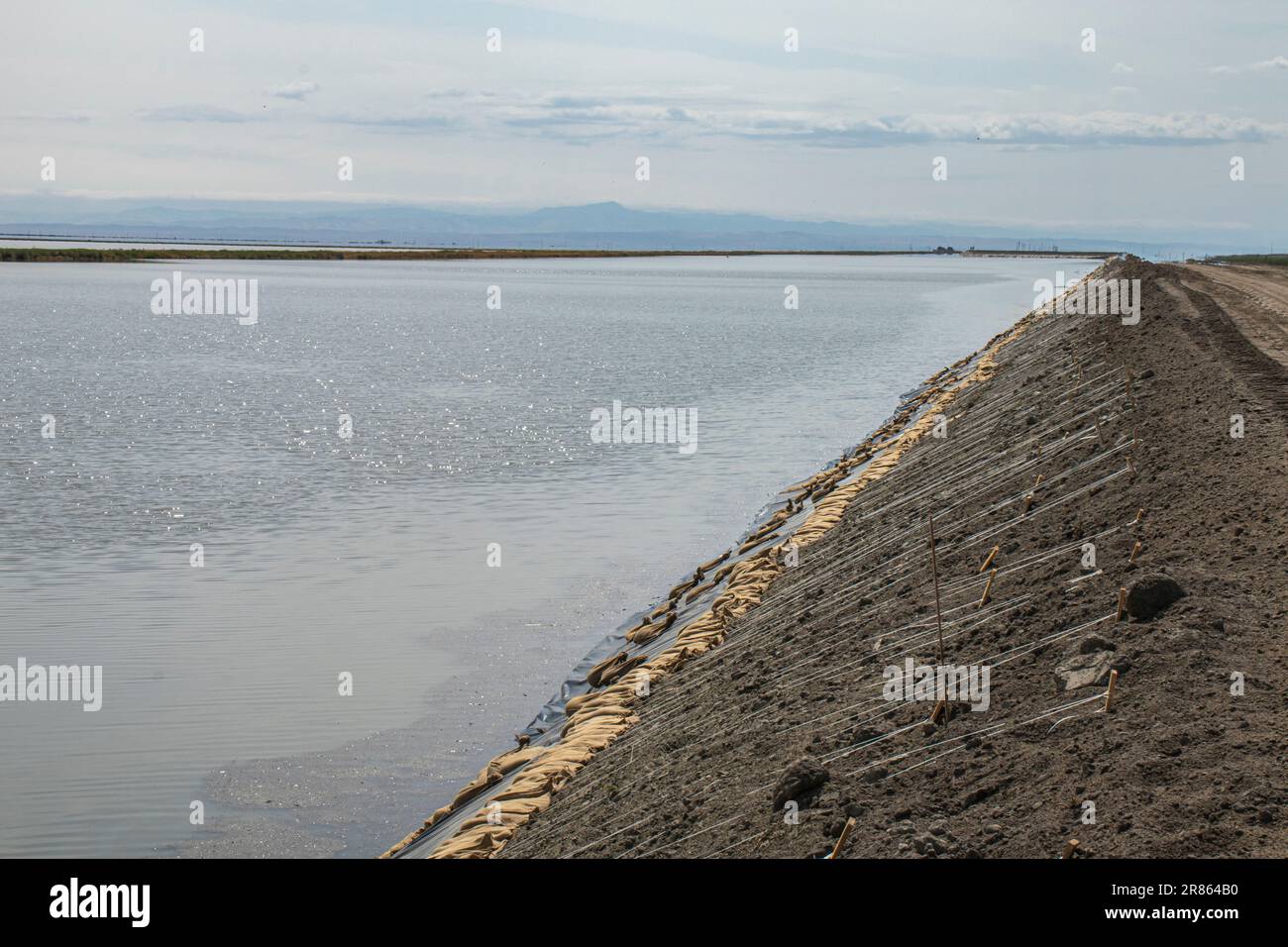 Levee protecting the town of Corcoran. Tulare Lake, located in ...
