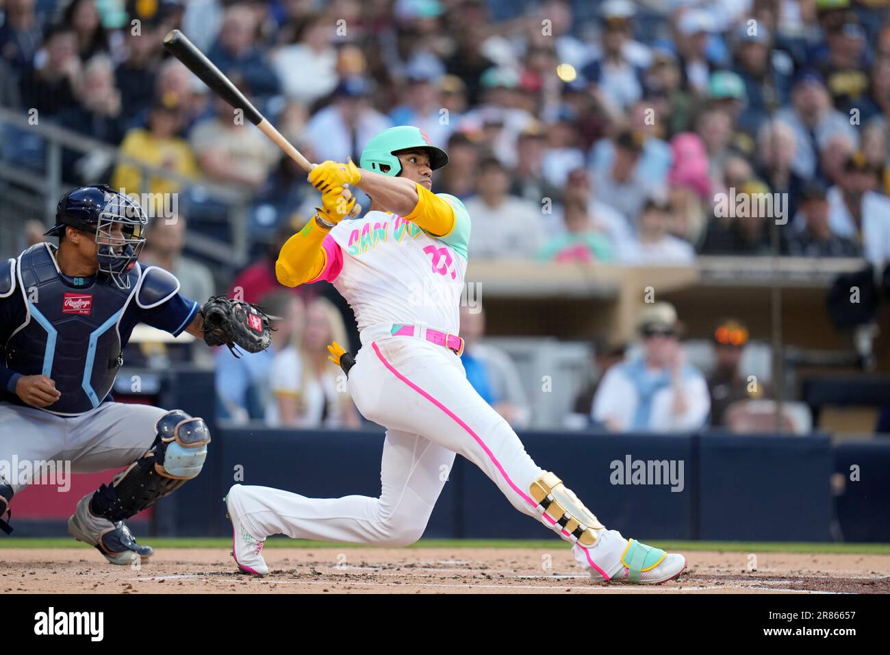 San Diego Padres' Juan Soto batting during the first inning of a