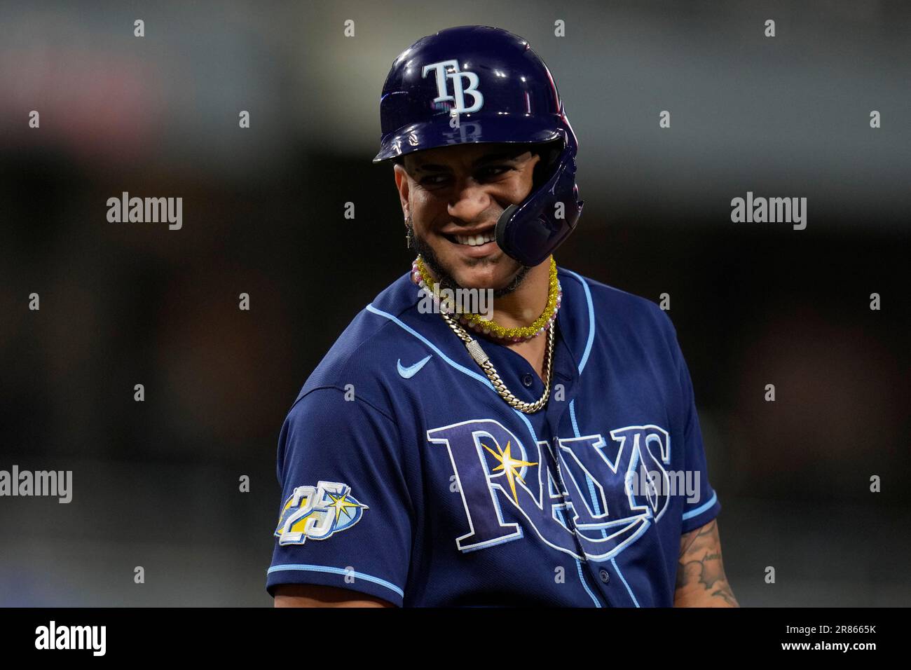 Tampa Bay Rays' Jose Siri jokes with players in the San Diego Padres
