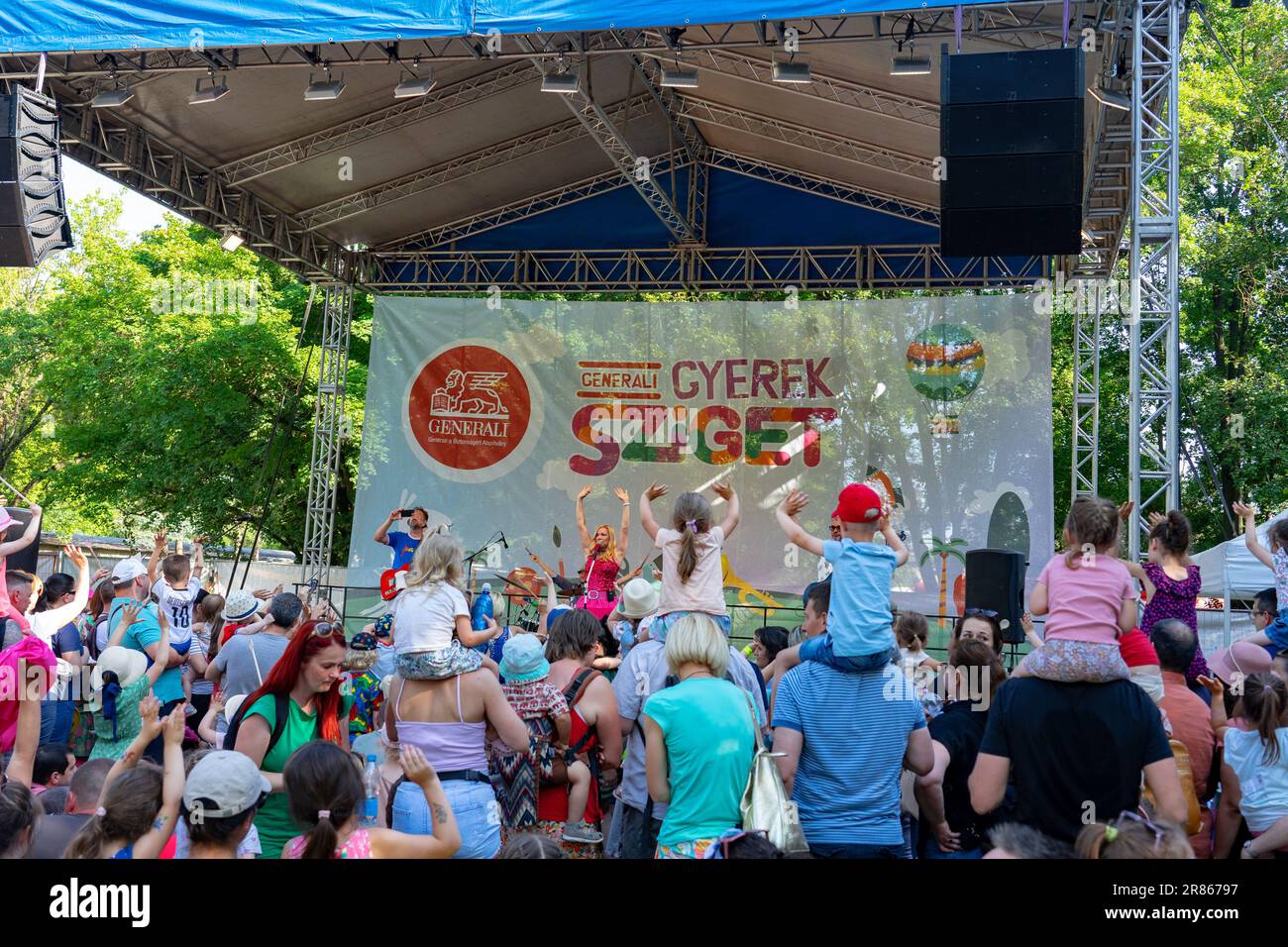 2023.06.18 - Budapest, Hungary: Gyerek kid sziget festival with apacuka band concert children in festival mood . Stock Photo