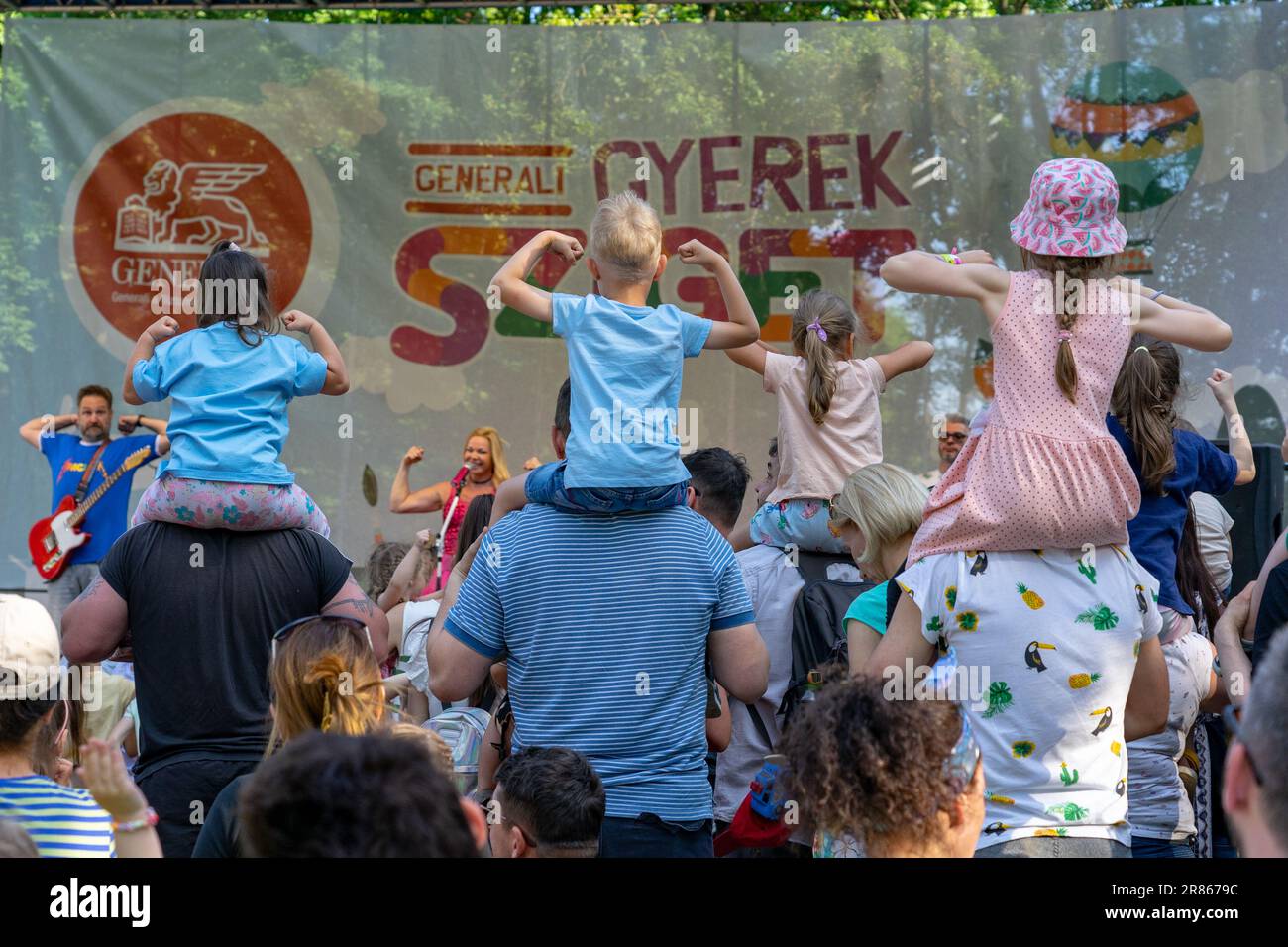 2023.06.18 - Budapest, Hungary: Gyerek kid sziget festival with apacuka band concert children in festival mood . Stock Photo