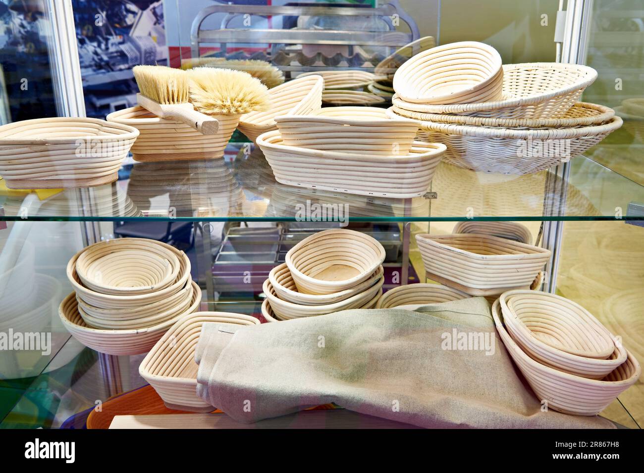 Wooden wicker food utensils in store exhibition Stock Photo Alamy