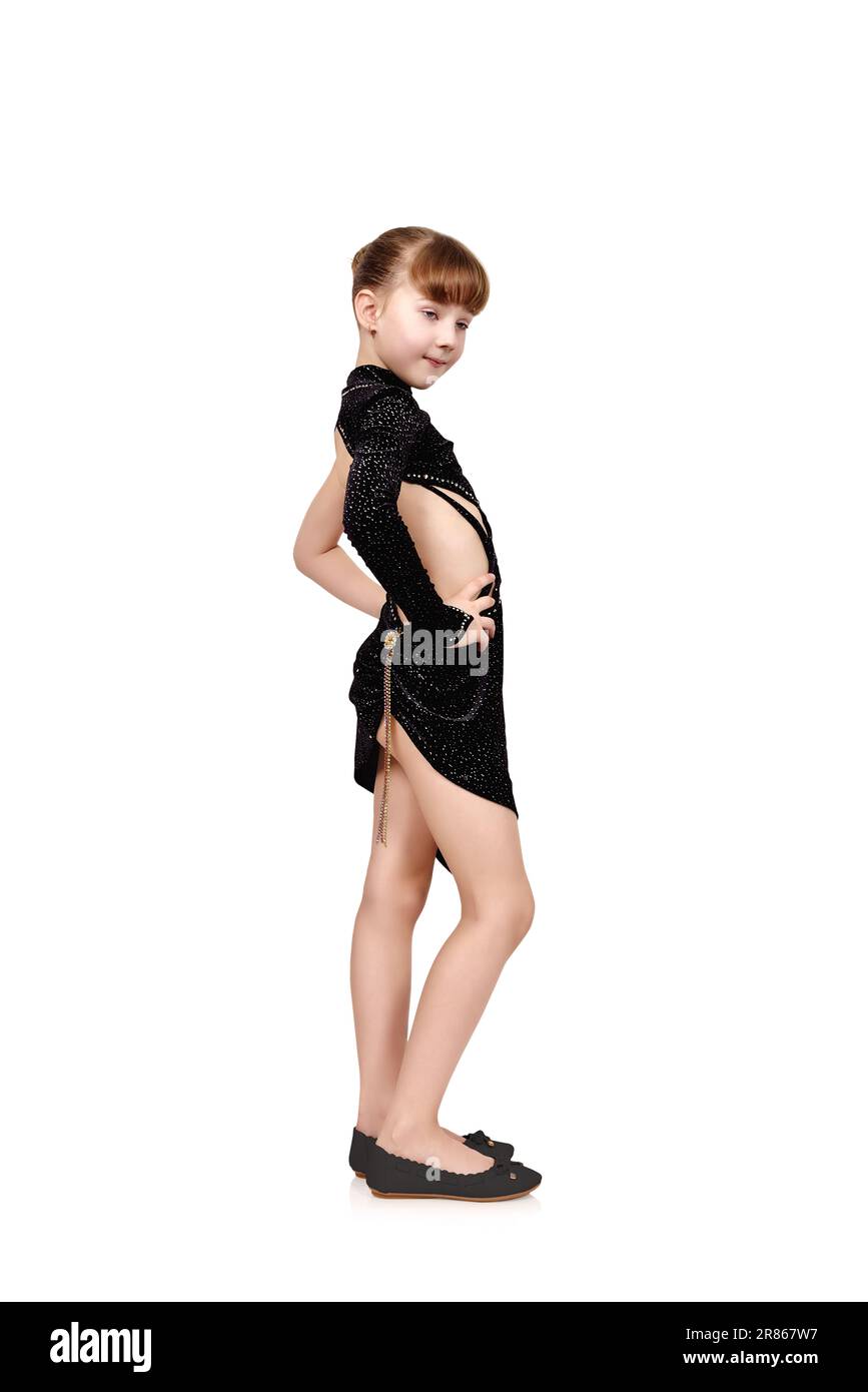 Young girl in black dress on a white background Stock Photo