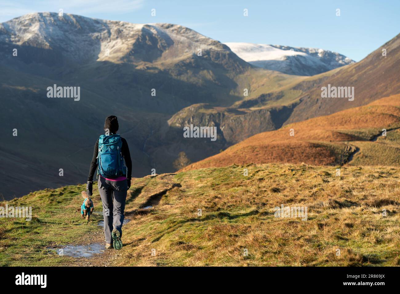 A hiker and their dog walking up the trail to the summit of Grisedale Pike with Crag Hill and Grasmoor in the distance in winter in the English Lake D Stock Photo