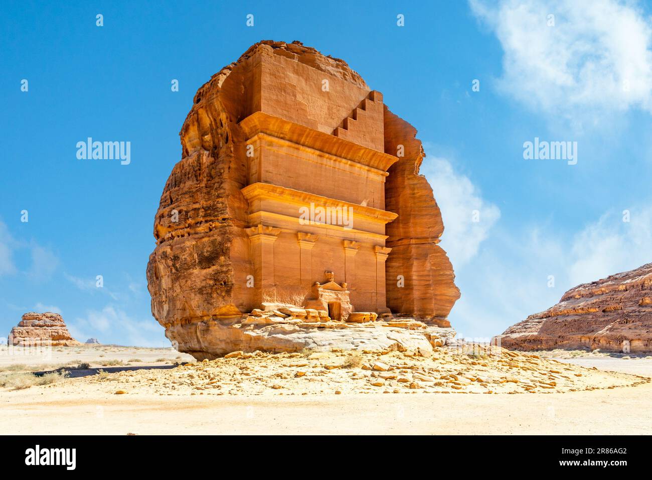 Entrance to the ancient nabataean Tomb of Lihyan, son of Kuza carved in rock in the desert,  Mada'in Salih, Hegra, Saudi Arabia Stock Photo