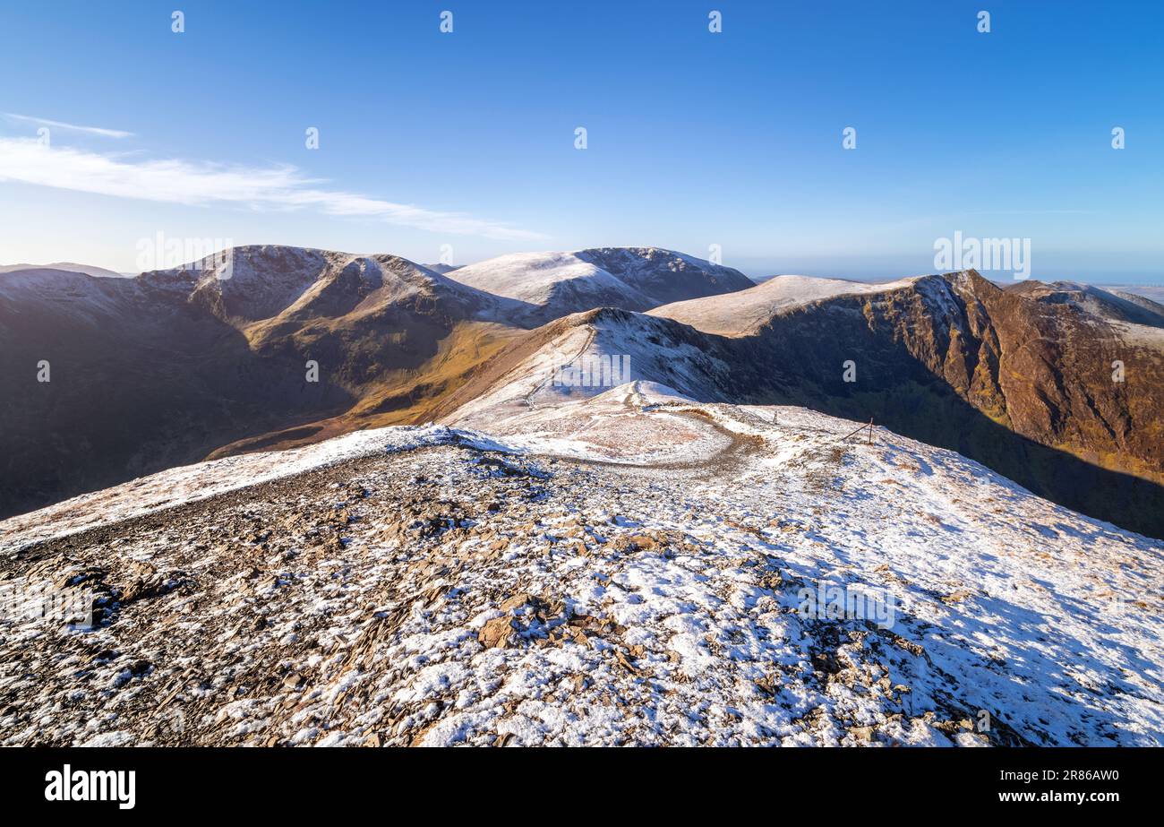Views of Sail, Crag Hill, Grasmoor, Sand Hill and Hopegill Head from the summit of Grisedale Pike in winter in the English Lake District, UK. Stock Photo