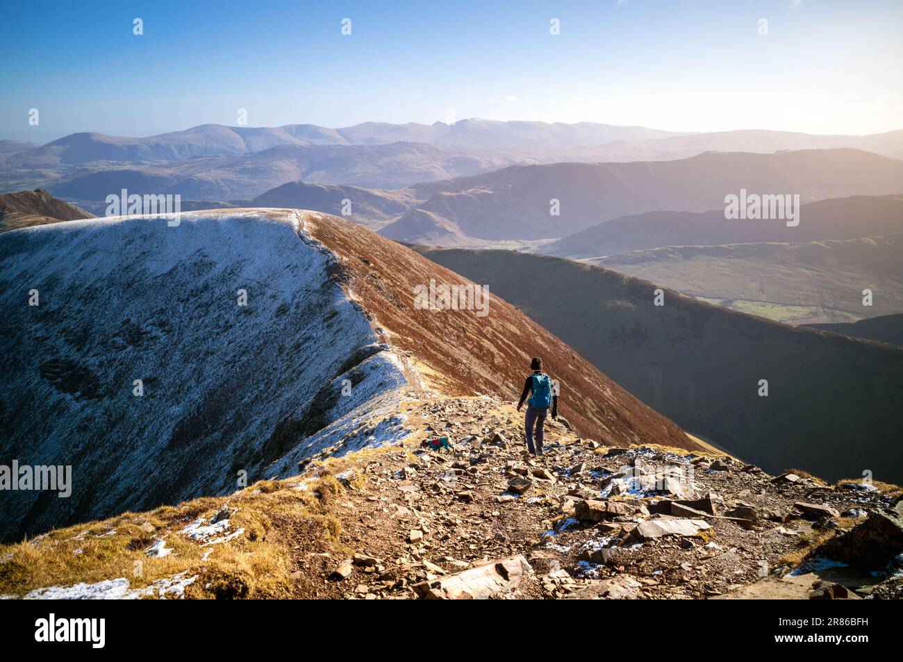 A female hiker and their dog walking down towards the summit of Sail from Crag Hill in winter in the English Lake District, UK. Stock Photo