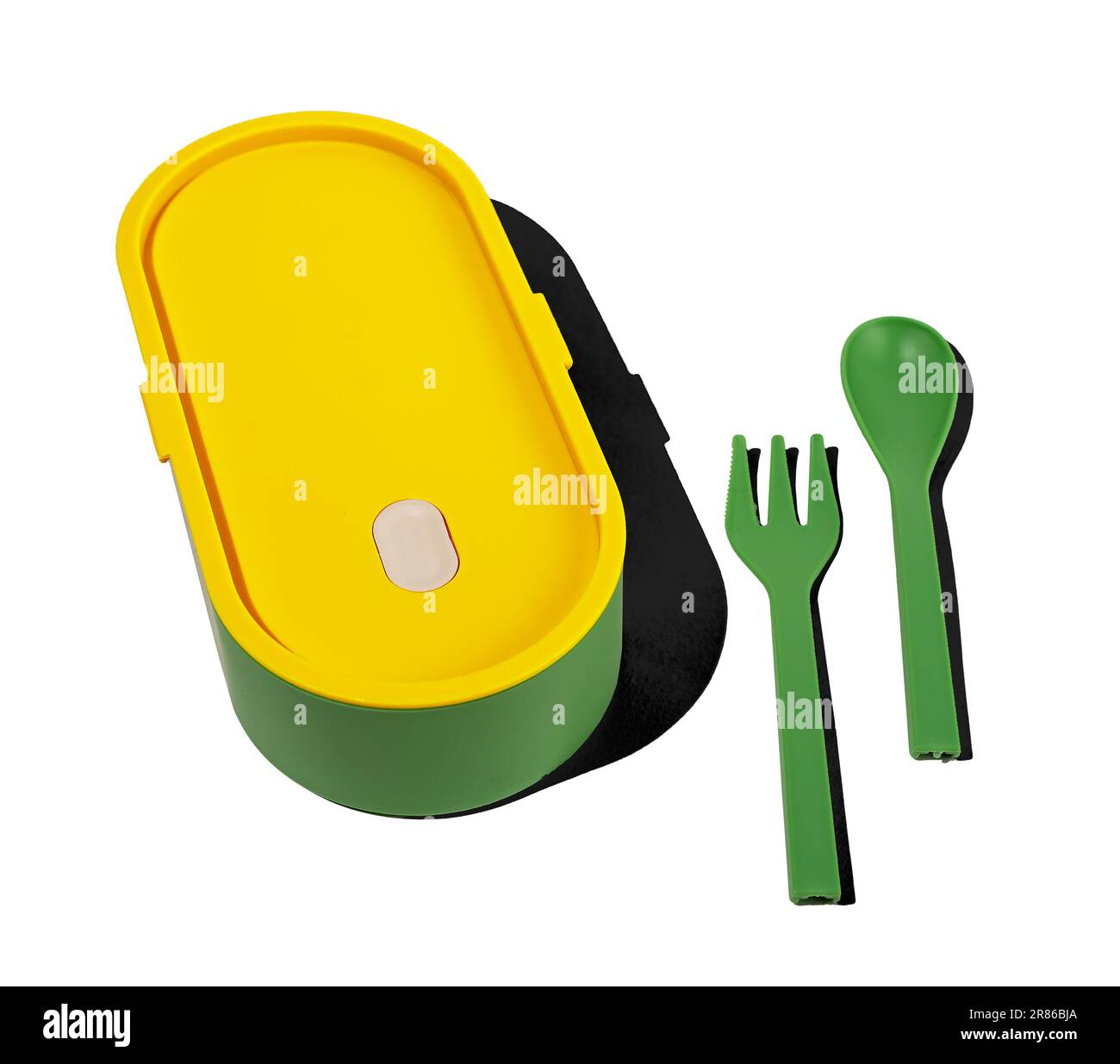 Food container and utensils, fork and spoon. Stock Photo
