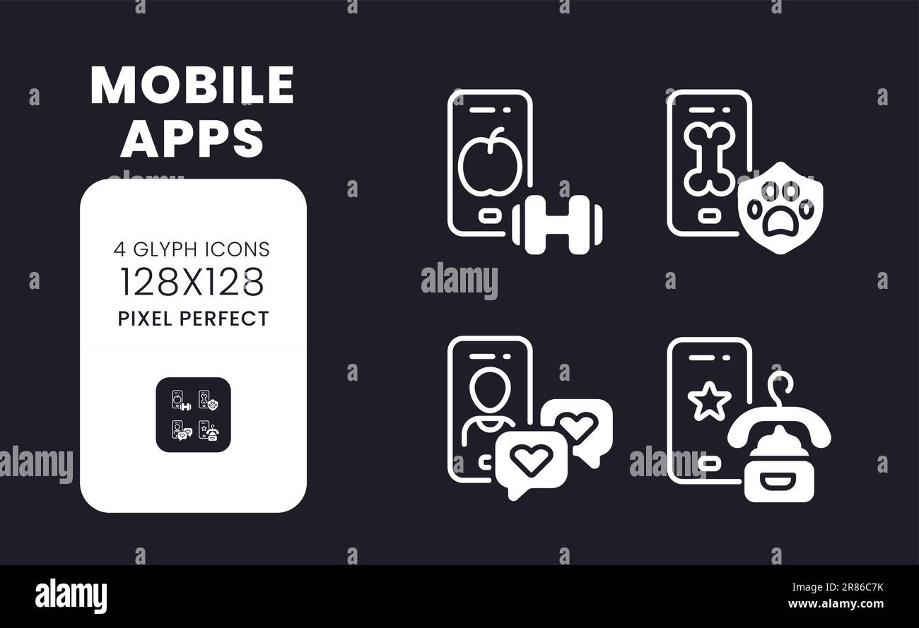 Mobile apps white solid desktop icons set Stock Vector
