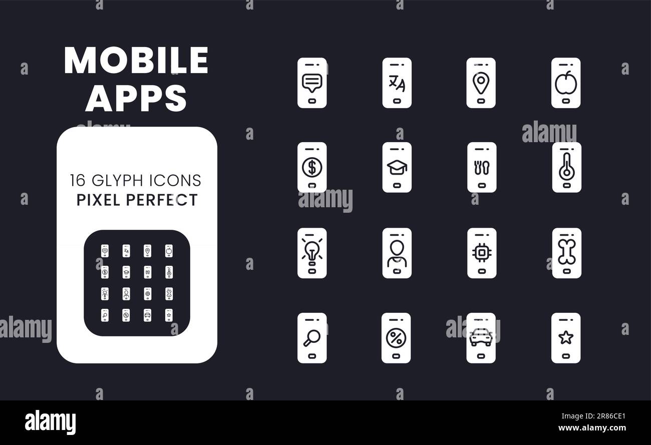 Mobile apps white solid desktop icons set Stock Vector