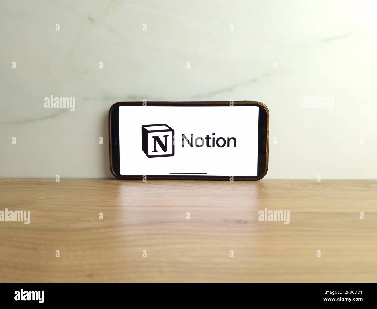 Konskie, Poland - June 17, 2023: Notion productivity software logo displayed on mobile phone screen Stock Photo