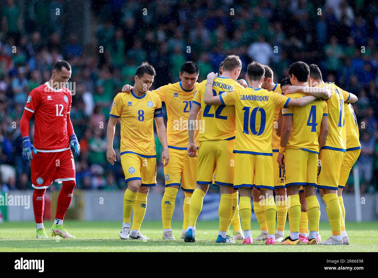 Kazakhstan players huddle ahead of the UEFA Euro 2024 Qualifying Group