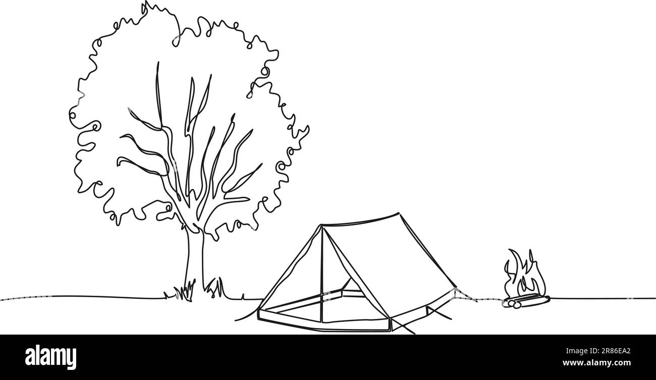 continuous single line drawing of tent and campfire next to tree, camping concept line art vector illustration Stock Vector