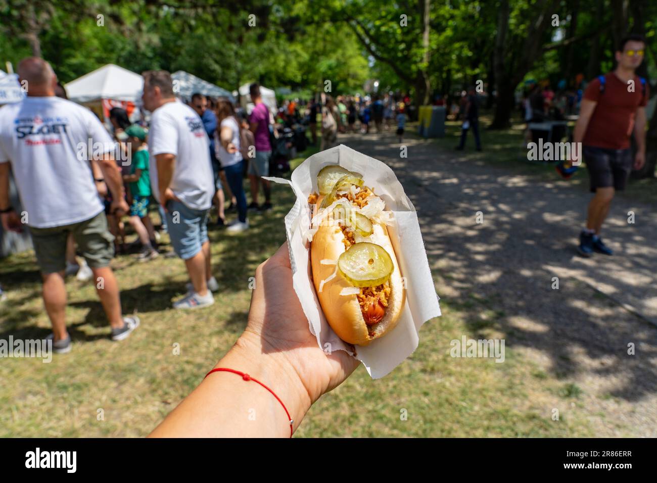 08.11.2022- Budapest. Hungary: American stye hot dog sziget festival fast food . Stock Photo