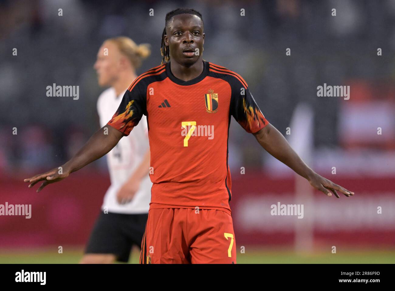 BRUSSELS, BELGIUM - December 08: Jeremy Doku of Anderlecht and Maxime Busi  of Charleroi fight for the ball during the Jupiler Pro League match day 18  between Rsc Anderlecht vs Sporting Charleroi