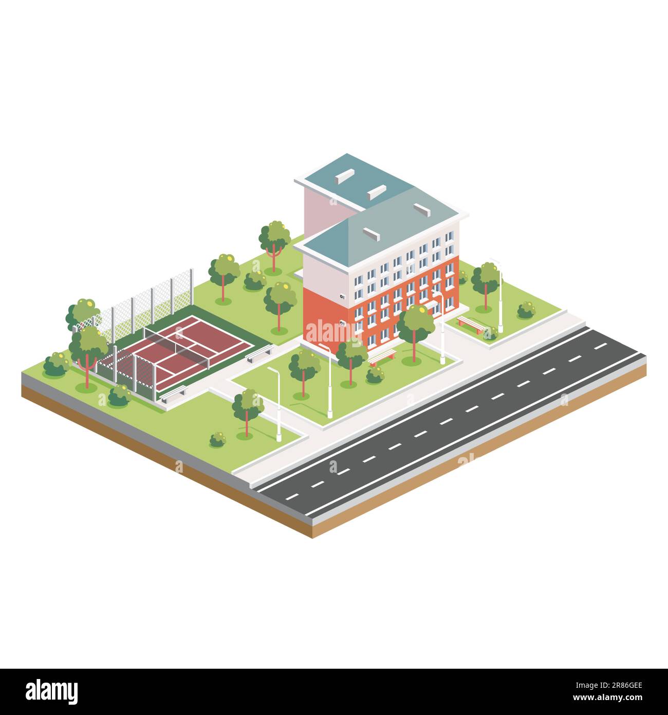 Isometric Residential Five Storey Building. Hotel with Tennis Court. Icon or Infographic Element. Vector Illustration. City Home. Architectural Symbol Stock Vector