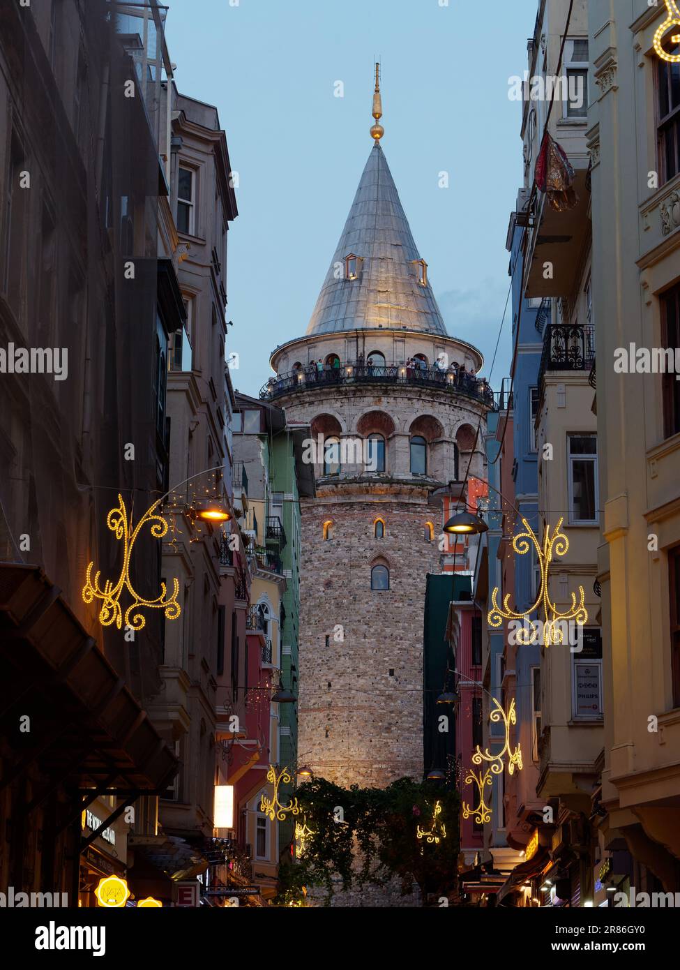 People enjoying the view from the Galata Tower in the evening in Istanbul, Turkey Stock Photo