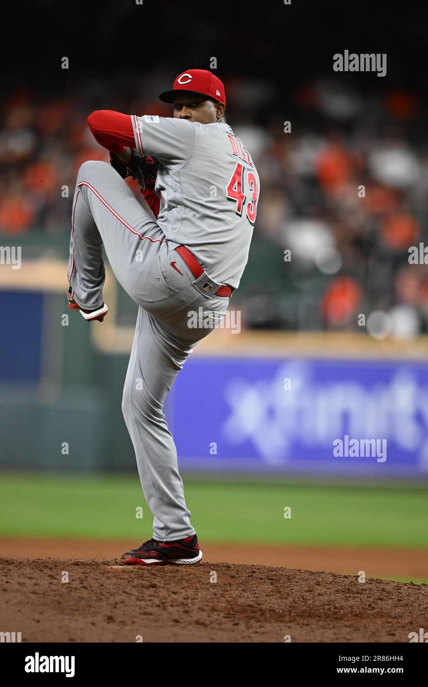 Cincinnati Reds pitcher Alexis Diaz (43) in the bottom of the ninth inning during the MLB interleague game between the Cincinnati Reds and the Houston Stock Photo