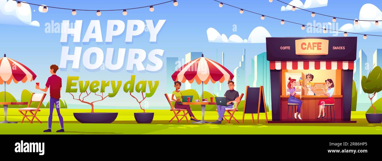 Happy hour in park street cafe vector illustration. Outdoor restaurant or cafeteria booth