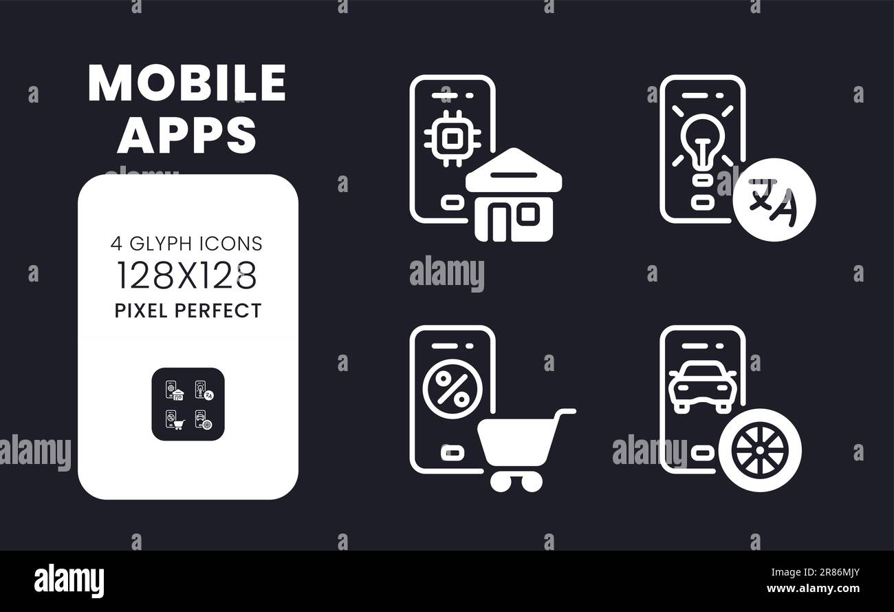 Mobile apps white solid desktop icons set Stock Vector