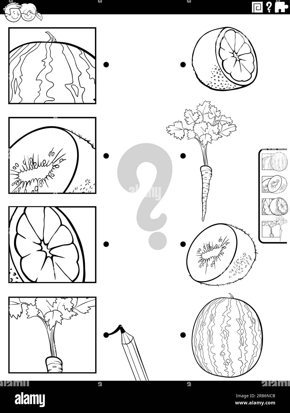 Black and white cartoon illustration of educational matching game with fruit and vegetables and pictures clippings coloring page Stock Vector