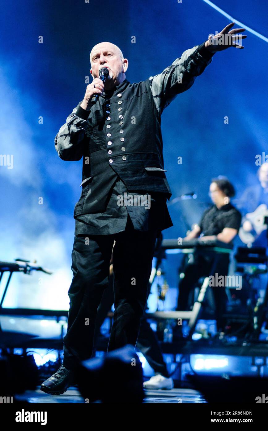 London, UK. 19th June, 2023. Peter Gabriel photographed on stage during the Peter Gabriel I/O